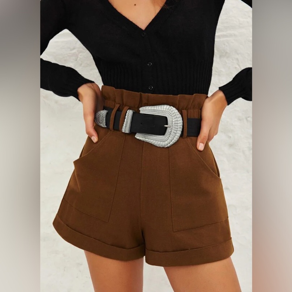 ba&sh High Waisted Luce Shorts Khaki Dark Brown Cotton Paper Bag Cargo Cuffed